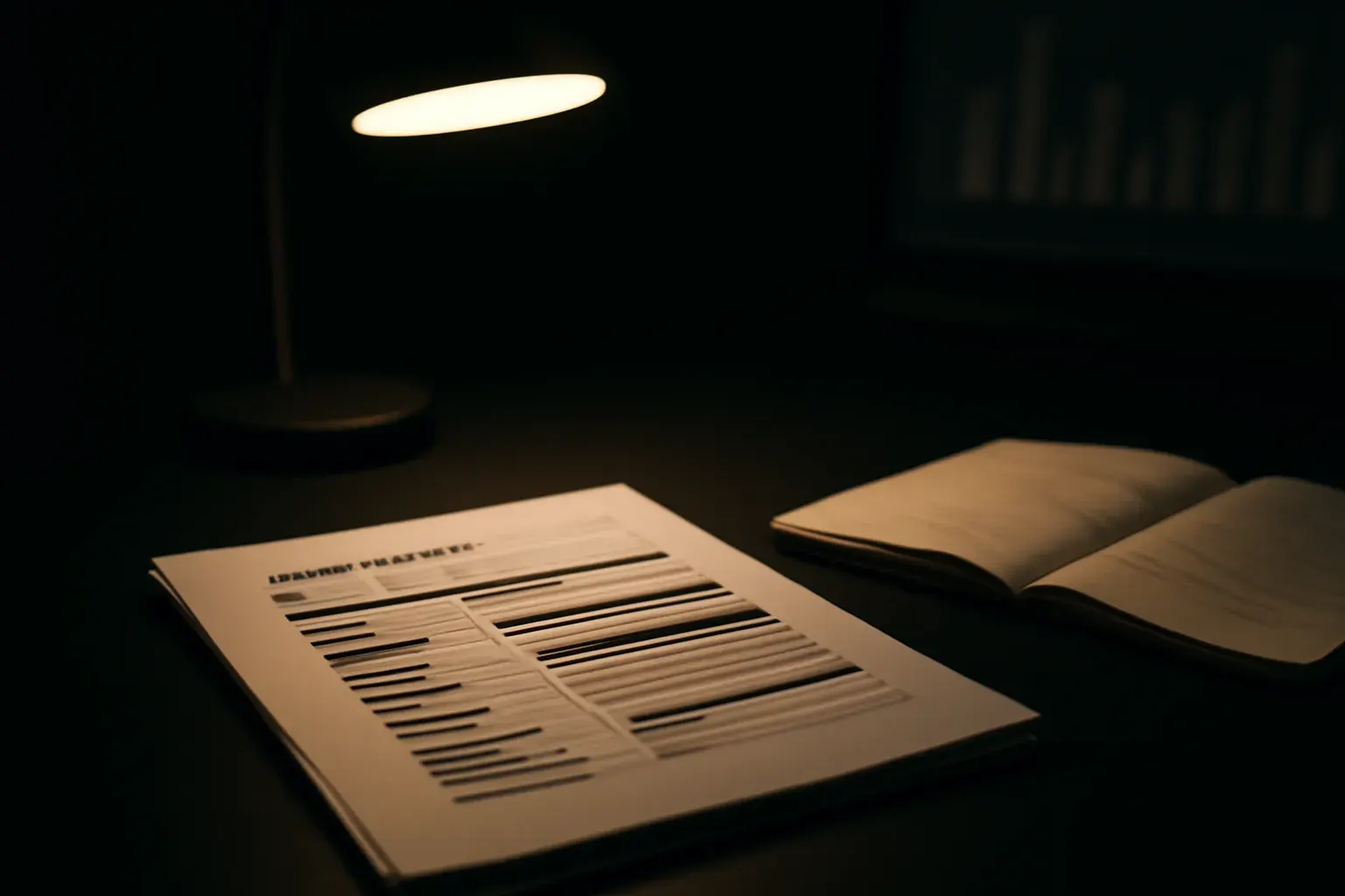 A disciplined analyst's desk with printed report pages